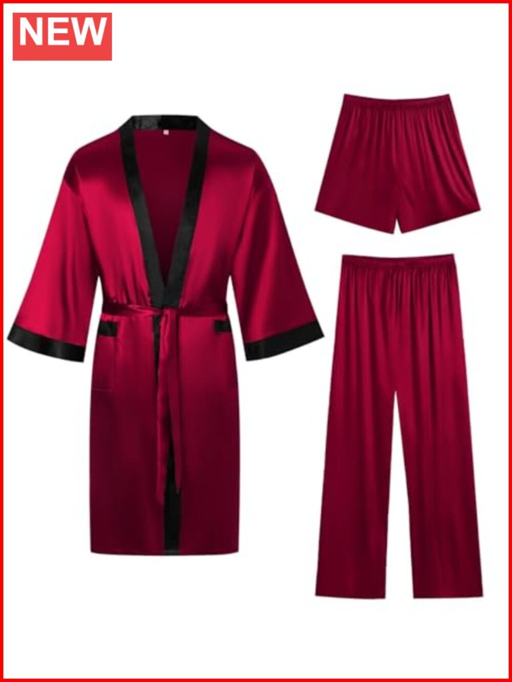 Men's Satin Kimono Robe Set 3Pc Bathrobe Shorts Pants Sleepwear